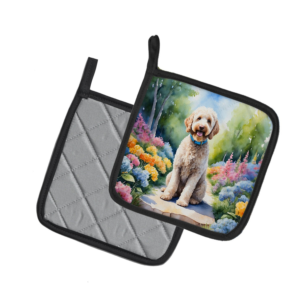 Labradoodle Spring Path Pot Holder Set of 2 Heat Resistant Quilted Hot Pads 7.5 x 7.5 Inch, Insulated Kitchen Trivets for Cooking & Baking