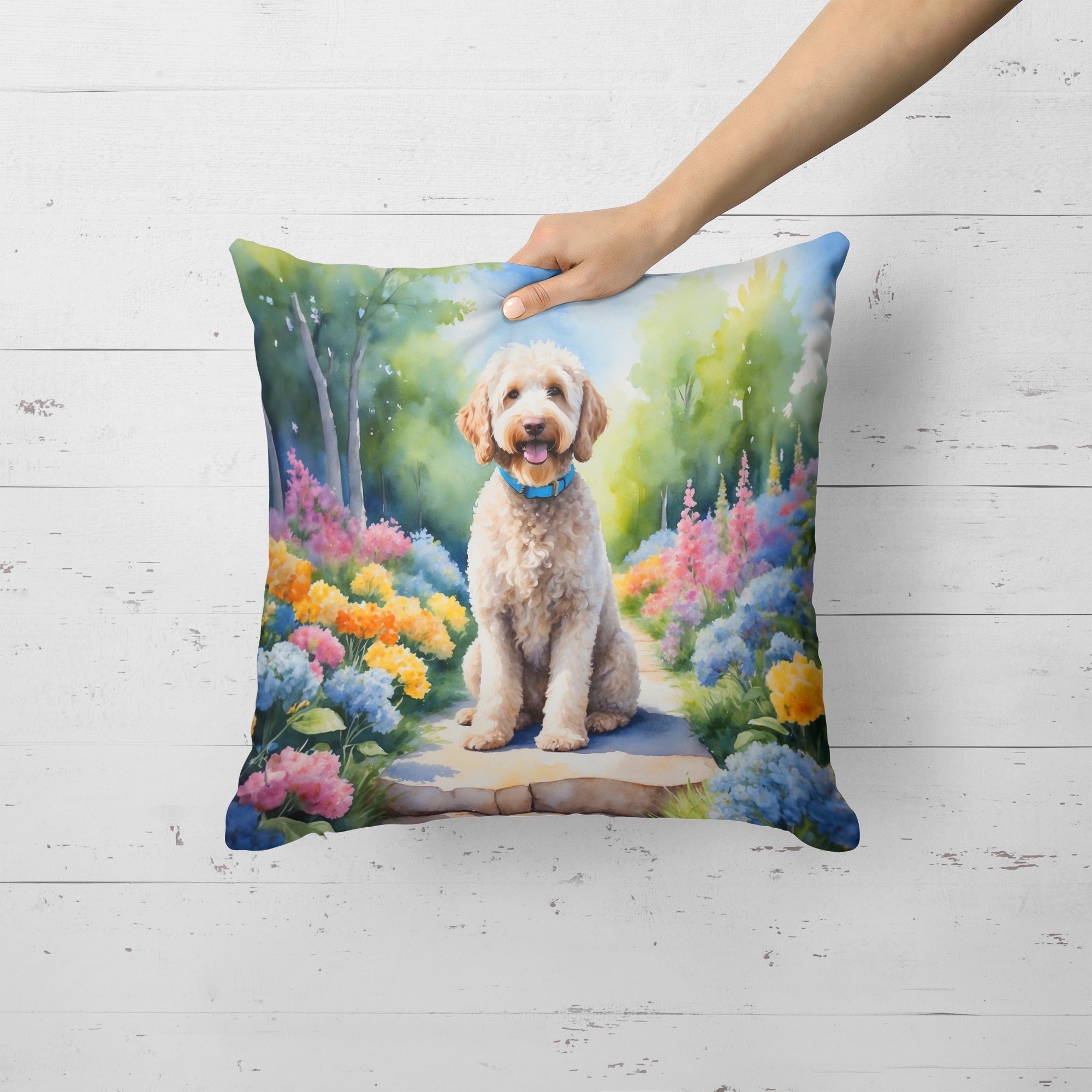 Labradoodle Spring Path Decorative Throw Pillow 18x18 Indoor Outdoor Accent Cushion, Fabric Cover with Insert for Sofa, Bed, Porch & Living Room