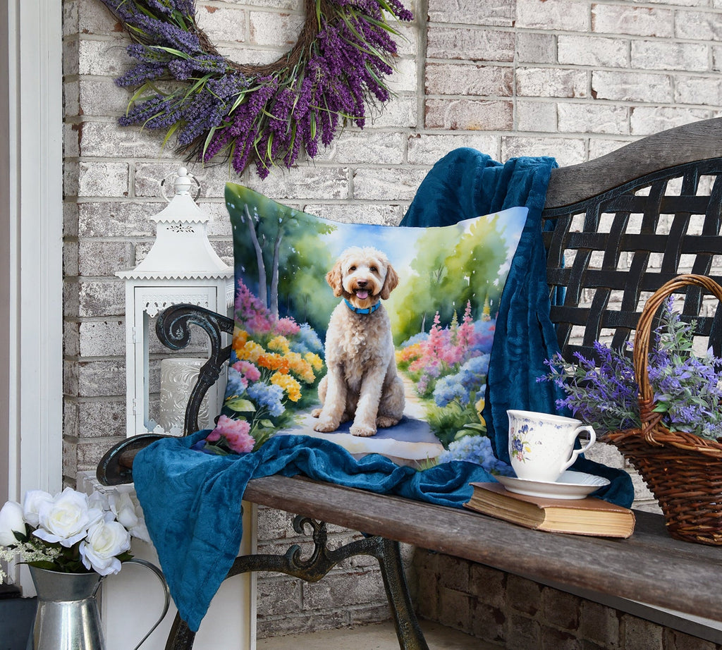 Labradoodle Spring Path Decorative Throw Pillow 18x18 Indoor Outdoor Accent Cushion, Fabric Cover with Insert for Sofa, Bed, Porch & Living Room