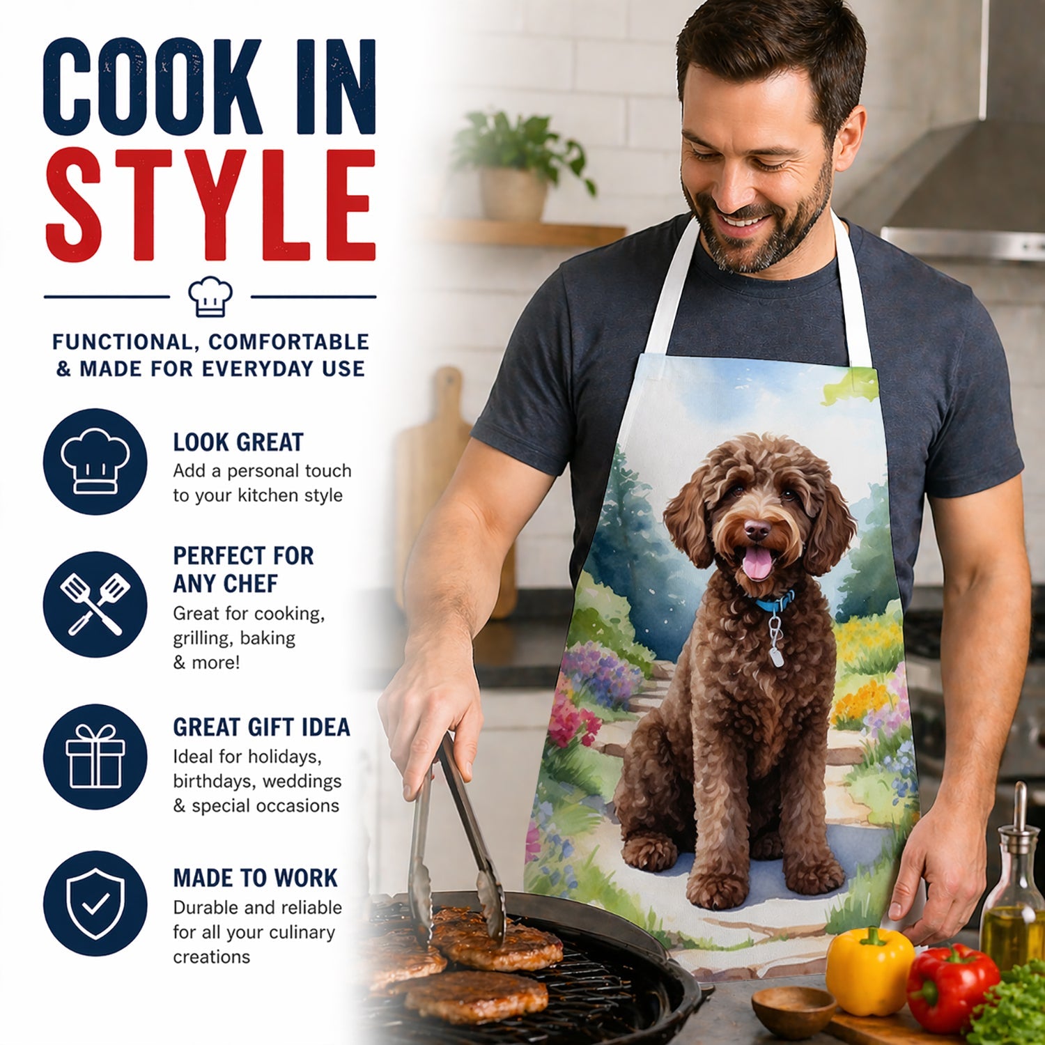 Labradoodle Spring Path Apron Cooking Kitchen Server Baking Crafts Gardening for Adult Women Men, Unisex, Large, Multicolor