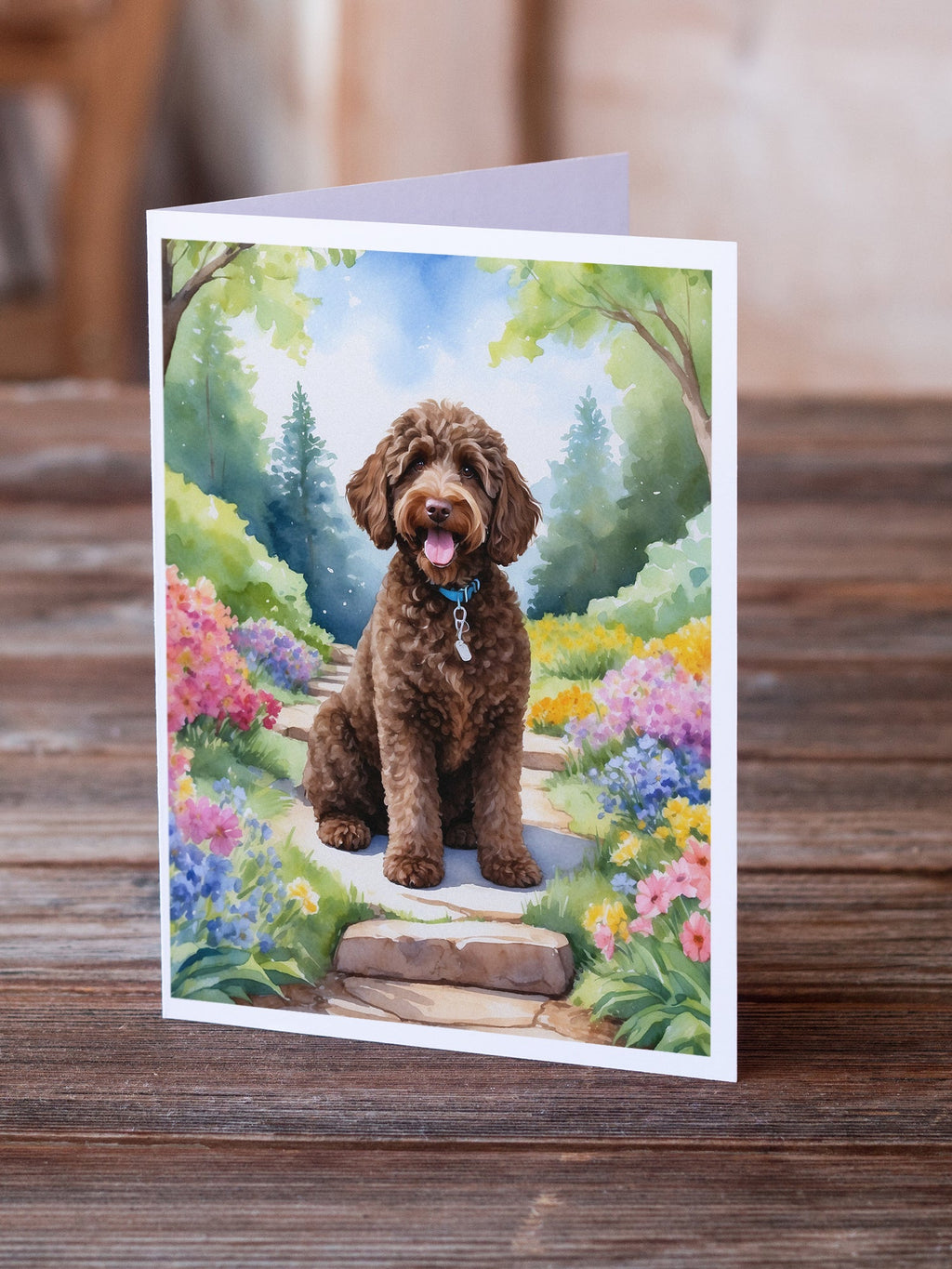 Labradoodle Spring Path Greeting Cards Pack of 8 Blank Cards with Envelopes Whimsical A7 Size 5x7