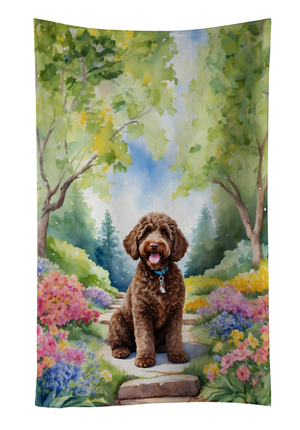 Labradoodle Spring Path Kitchen Towel Velour Plush Front and Cotton Loop Back Machine Washable