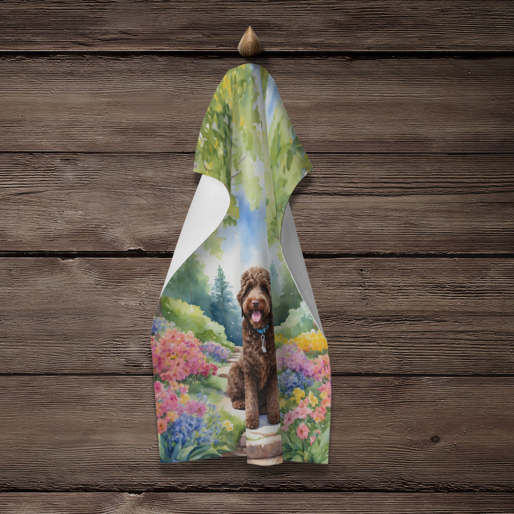 Labradoodle Spring Path Kitchen Towel Velour Plush Front and Cotton Loop Back Machine Washable