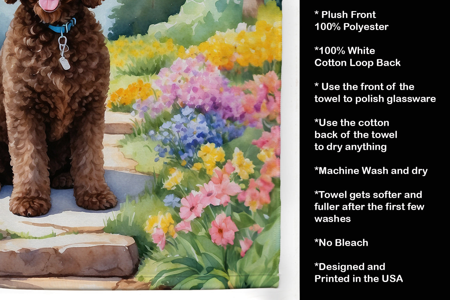 Labradoodle Spring Path Kitchen Towel Velour Plush Front and Cotton Loop Back Machine Washable