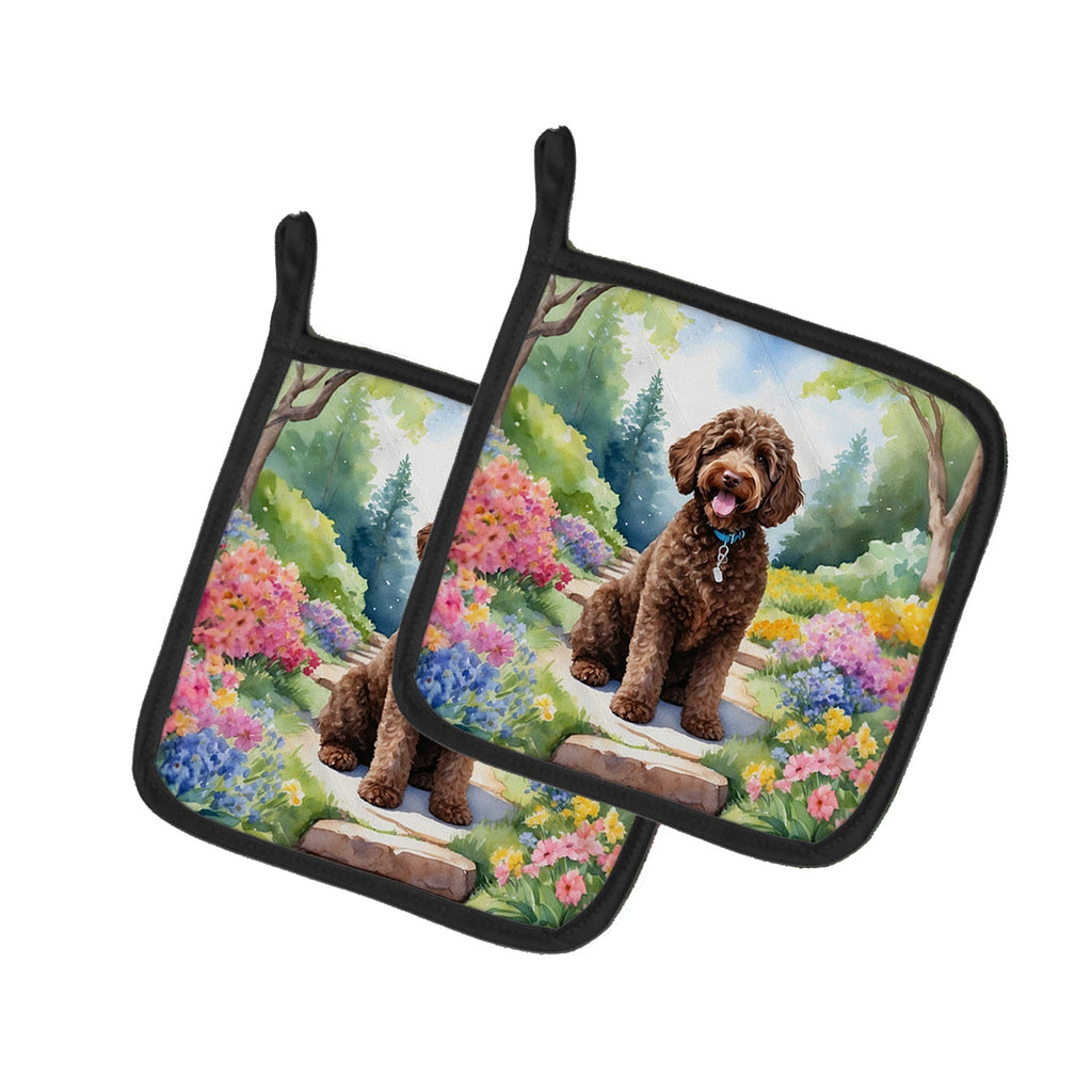 Labradoodle Spring Path Pot Holder Set of 2 Heat Resistant Quilted Hot Pads 7.5 x 7.5 Inch, Insulated Kitchen Trivets for Cooking & Baking