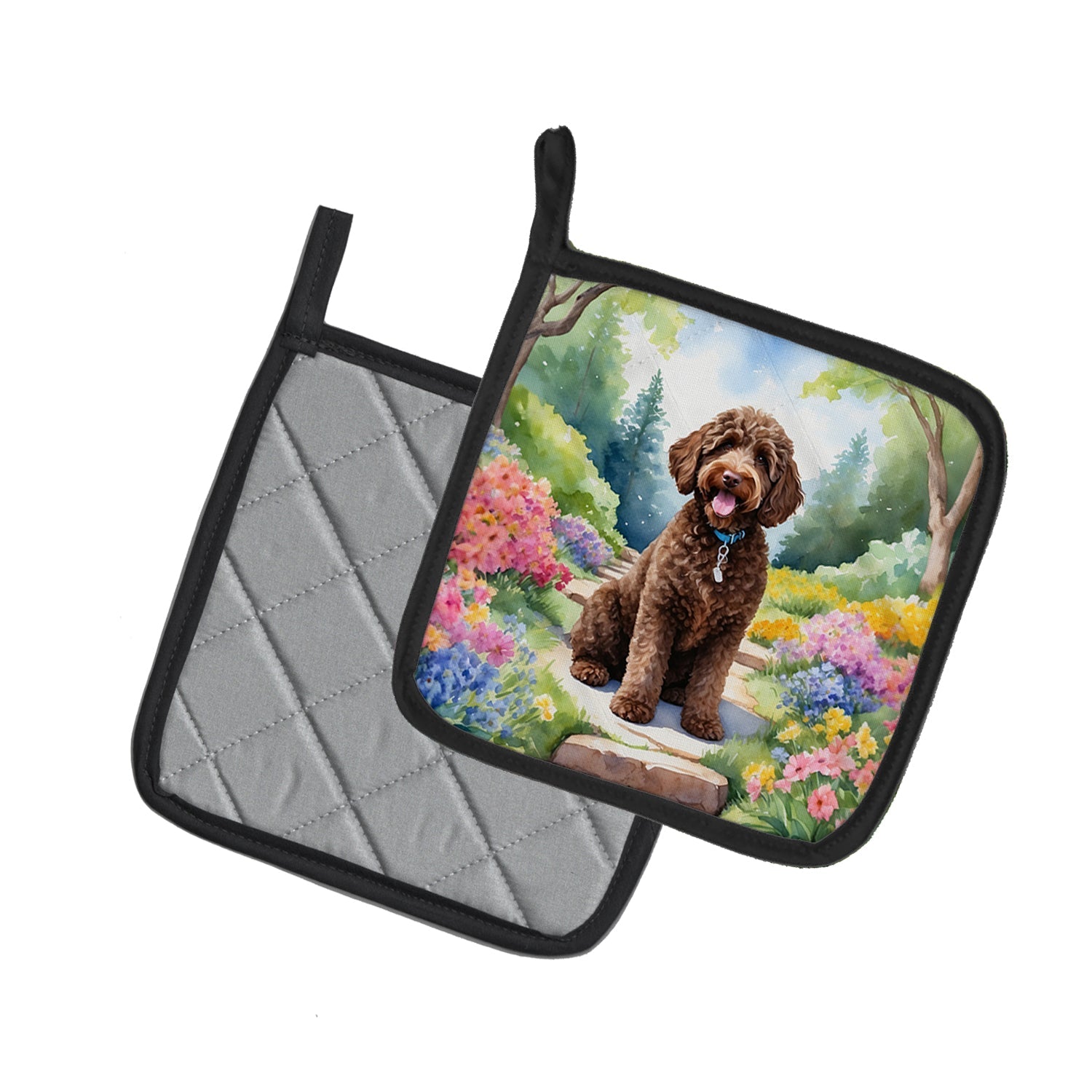 Labradoodle Spring Path Pot Holder Set of 2 Heat Resistant Quilted Hot Pads 7.5 x 7.5 Inch, Insulated Kitchen Trivets for Cooking & Baking