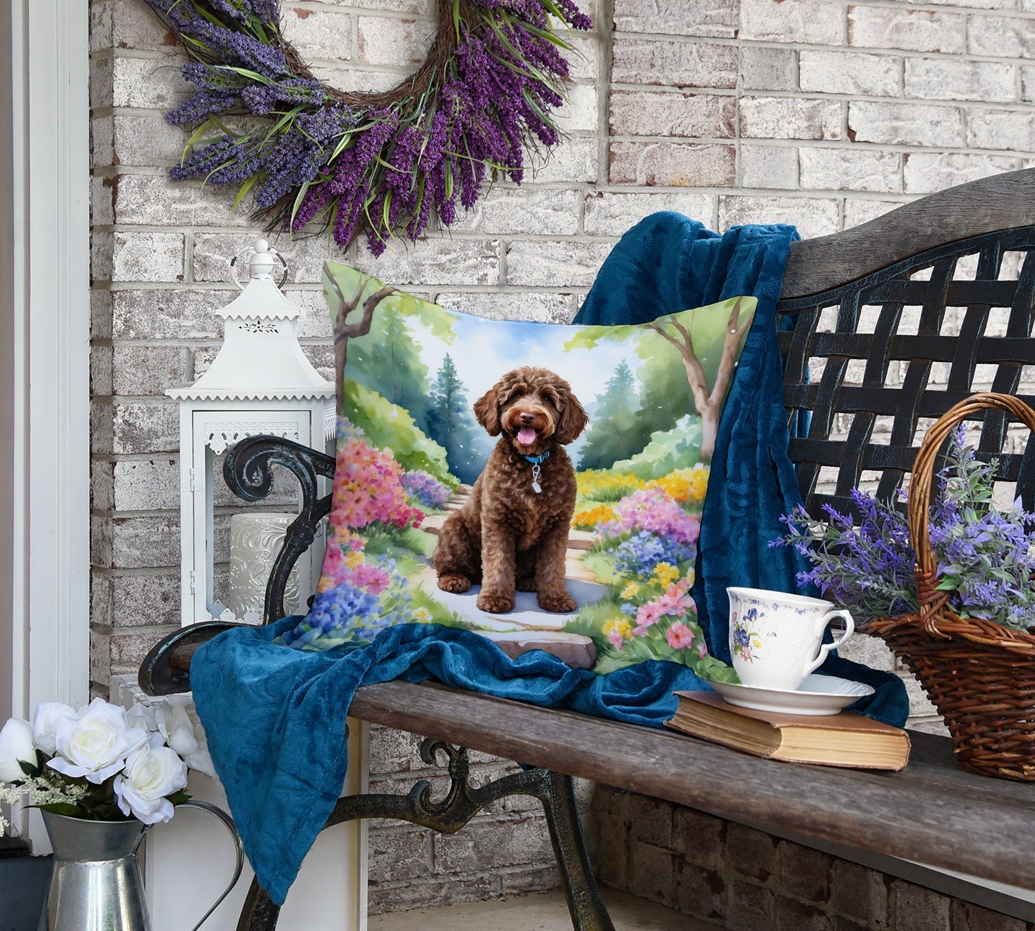 Labradoodle Spring Path Decorative Throw Pillow 18x18 Indoor Outdoor Accent Cushion, Fabric Cover with Insert for Sofa, Bed, Porch & Living Room