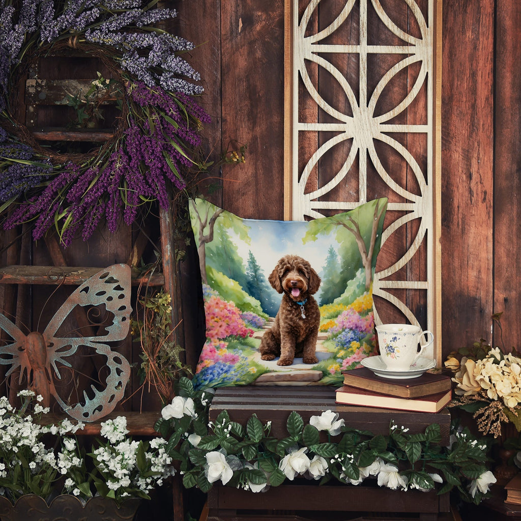 Labradoodle Spring Path Decorative Throw Pillow 18x18 Indoor Outdoor Accent Cushion, Fabric Cover with Insert for Sofa, Bed, Porch & Living Room
