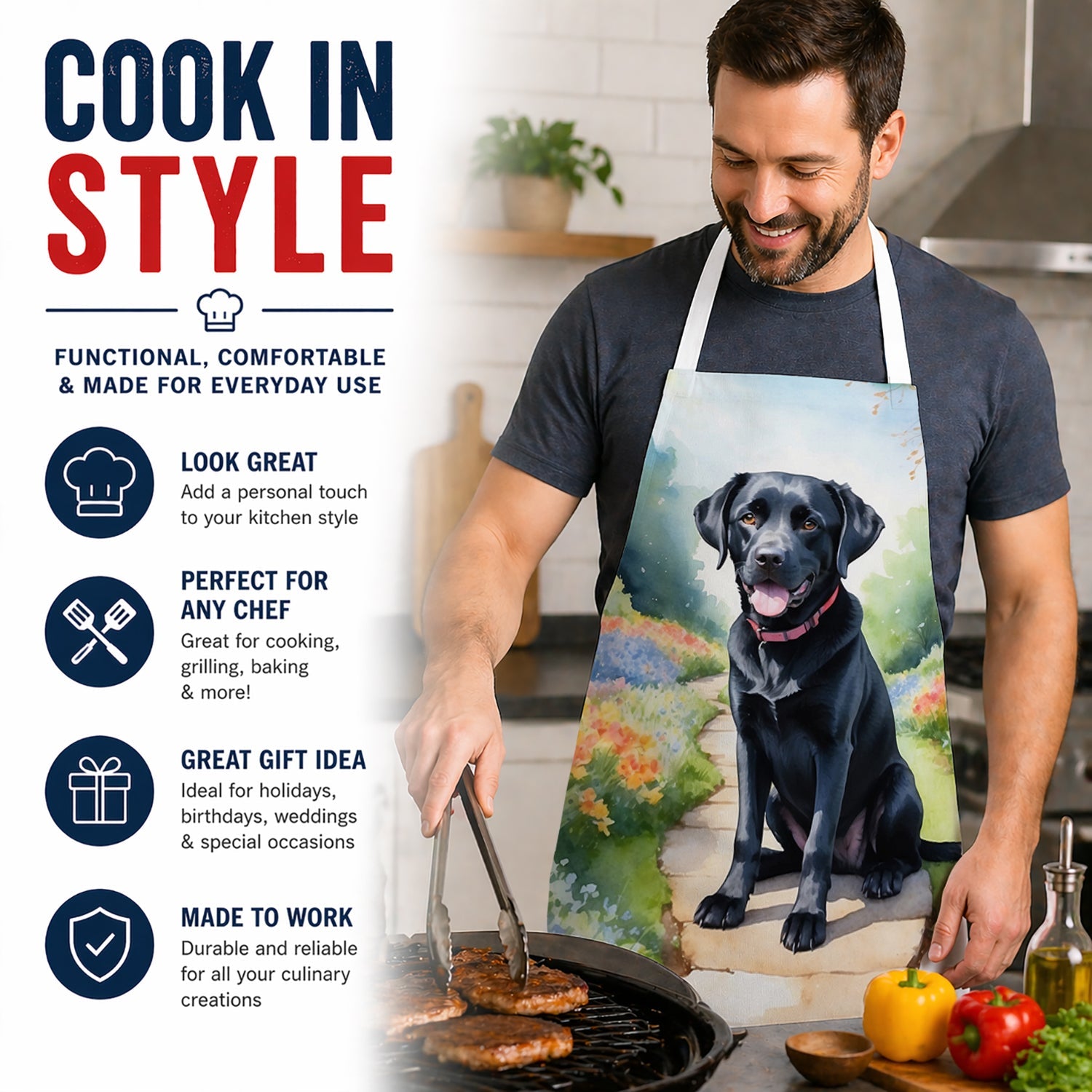 Labrador Retriever Spring Path Apron Cooking Kitchen Server Baking Crafts Gardening for Adult Women Men, Unisex, Large, Multicolor