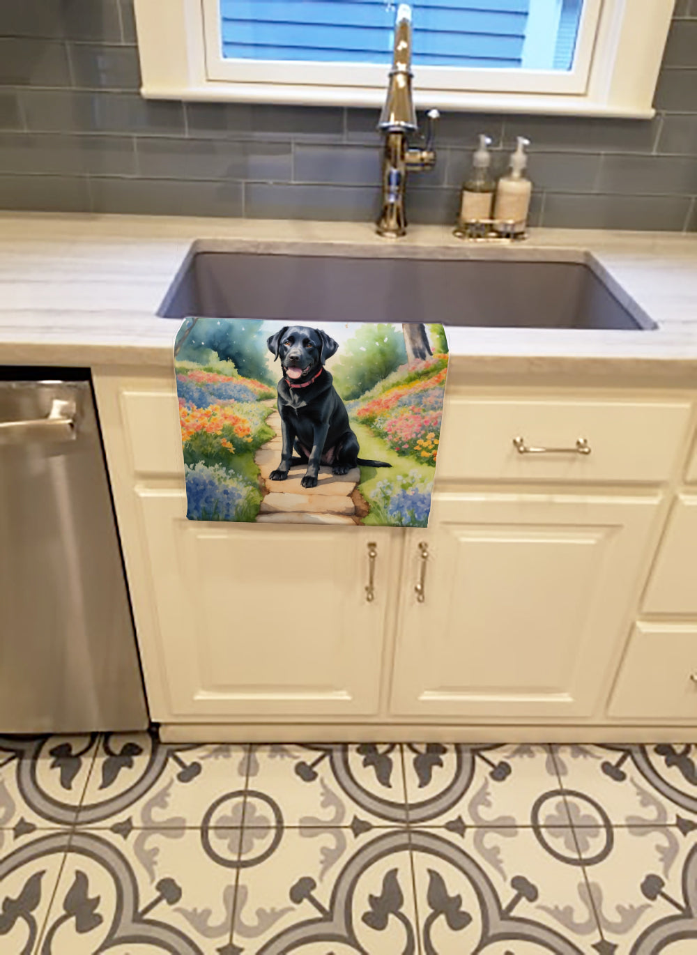 Labrador Retriever Spring Path Kitchen Towel Velour Plush Front and Cotton Loop Back Machine Washable