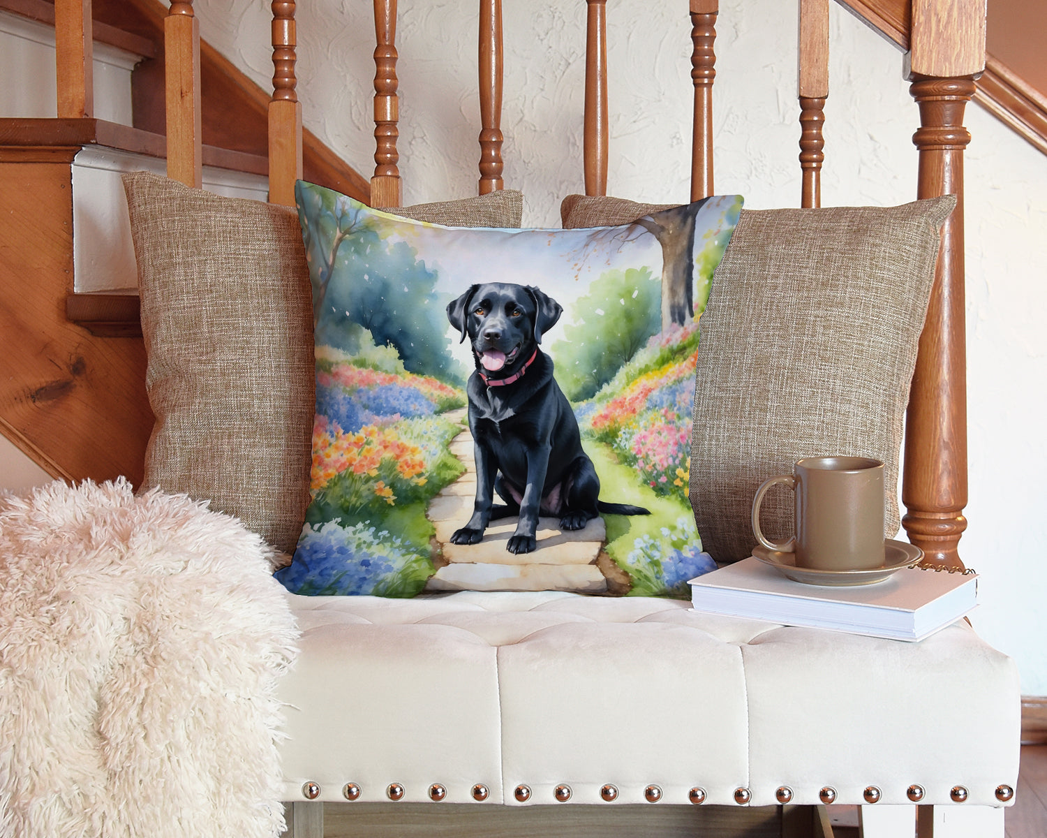 Labrador Retriever Spring Path Decorative Throw Pillow 14x14 Indoor Outdoor Accent Cushion, Fabric Cover with Insert for Sofa, Bed, Porch & Living Room