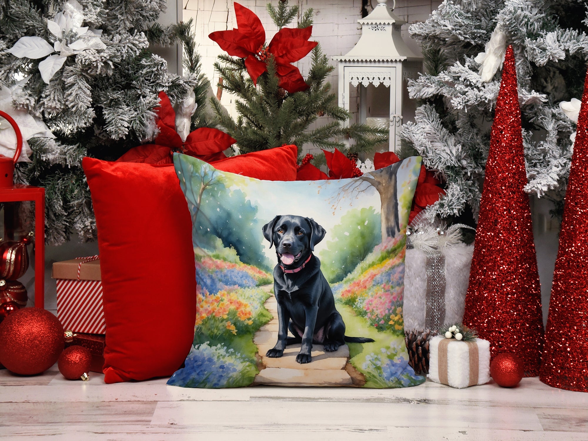 Labrador Retriever Spring Path Decorative Throw Pillow 14x14 Indoor Outdoor Accent Cushion, Fabric Cover with Insert for Sofa, Bed, Porch & Living Room