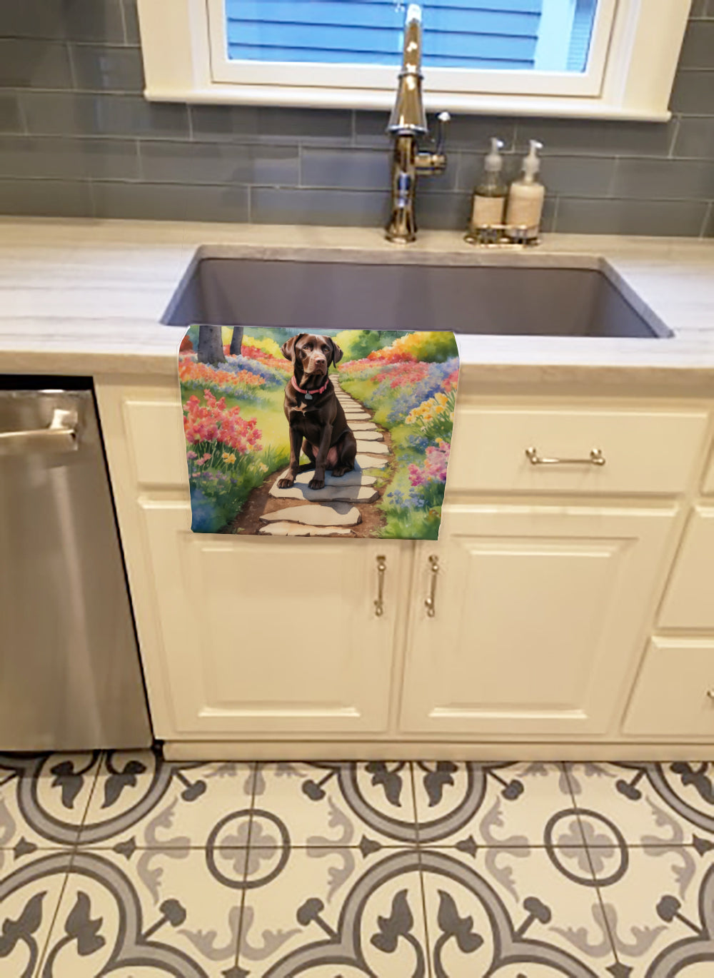 Labrador Retriever Spring Path Kitchen Towel Velour Plush Front and Cotton Loop Back Machine Washable