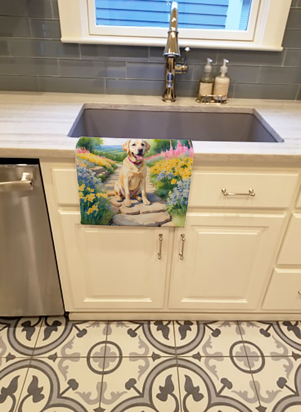 Labrador Retriever Spring Path Kitchen Towel Velour Plush Front and Cotton Loop Back Machine Washable