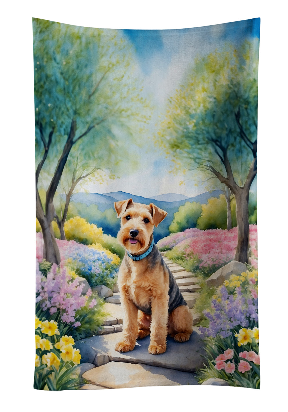 Lakeland Terrier Spring Path Kitchen Towel Velour Plush Front and Cotton Loop Back Machine Washable