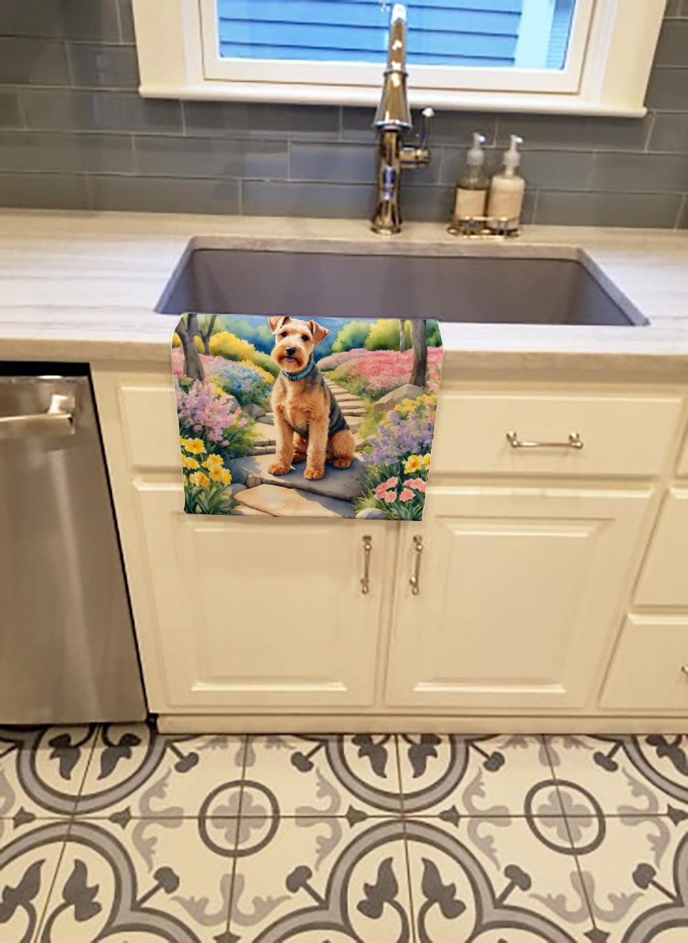 Lakeland Terrier Spring Path Kitchen Towel Velour Plush Front and Cotton Loop Back Machine Washable