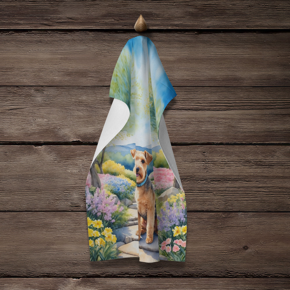 Lakeland Terrier Spring Path Kitchen Towel Velour Plush Front and Cotton Loop Back Machine Washable