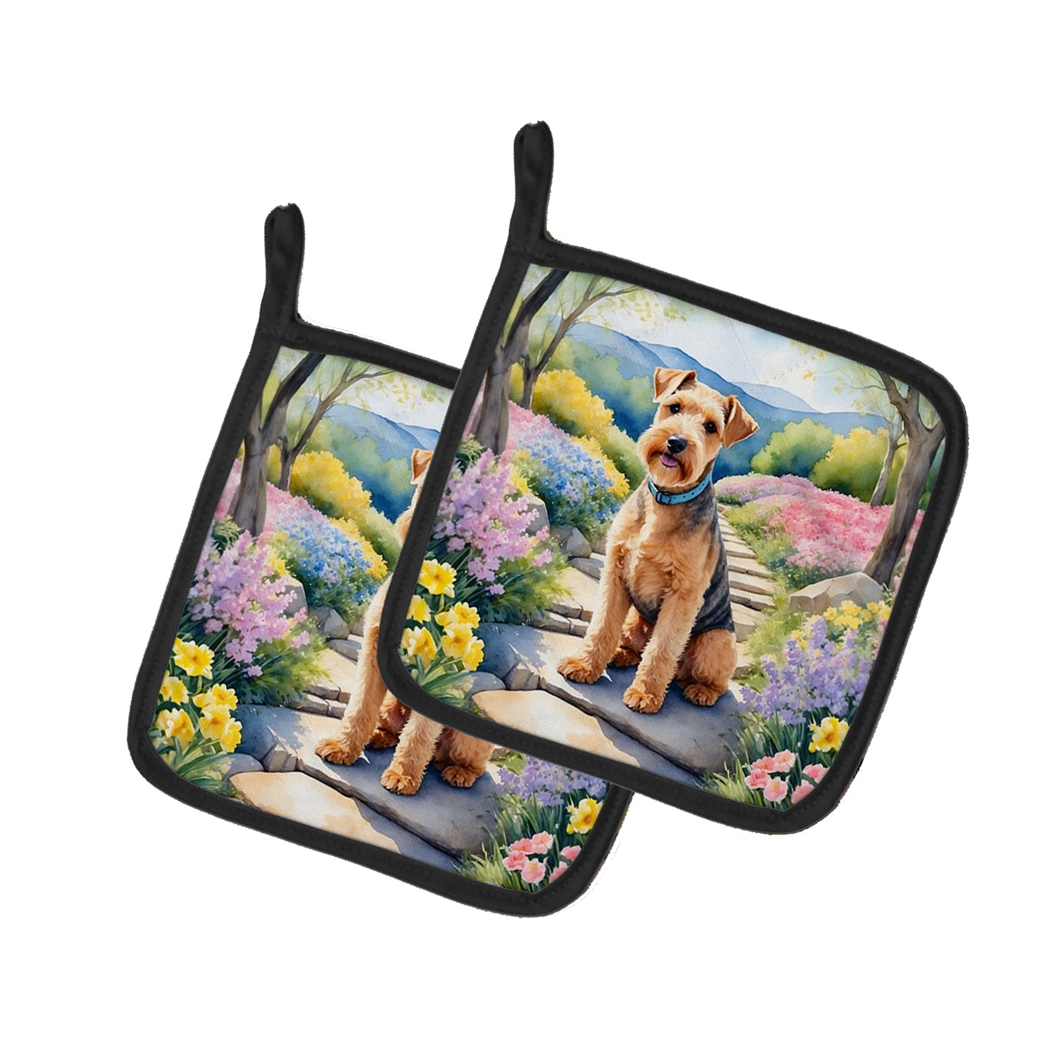 Lakeland Terrier Spring Path Pot Holder Set of 2 Heat Resistant Quilted Hot Pads 7.5 x 7.5 Inch, Insulated Kitchen Trivets for Cooking & Baking