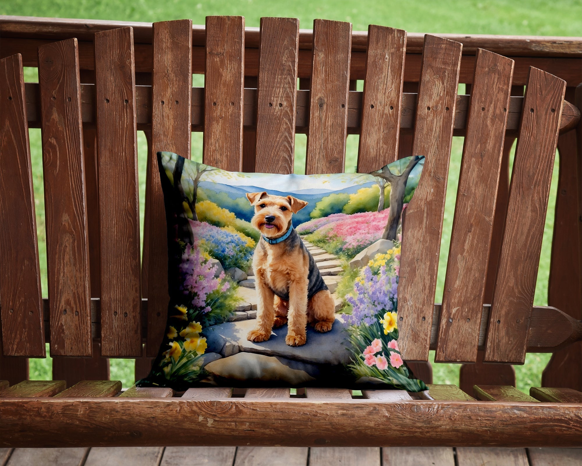 Lakeland Terrier Spring Path Decorative Throw Pillow 14x14 Indoor Outdoor Accent Cushion, Fabric Cover with Insert for Sofa, Bed, Porch & Living Room