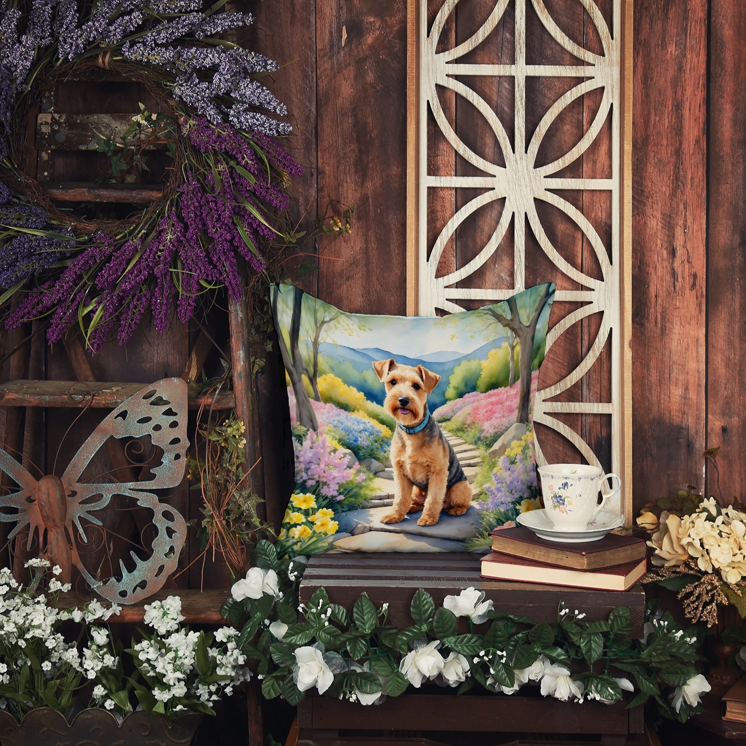 Lakeland Terrier Spring Path Decorative Throw Pillow 14x14 Indoor Outdoor Accent Cushion, Fabric Cover with Insert for Sofa, Bed, Porch & Living Room