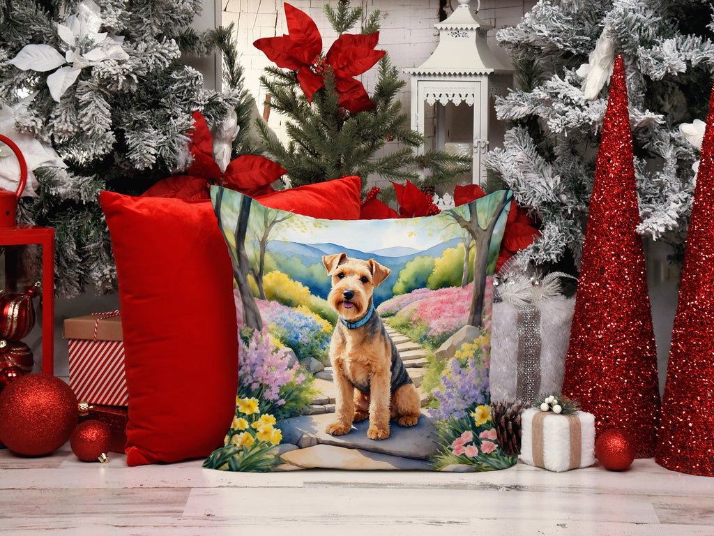 Lakeland Terrier Spring Path Decorative Throw Pillow 14x14 Indoor Outdoor Accent Cushion, Fabric Cover with Insert for Sofa, Bed, Porch & Living Room
