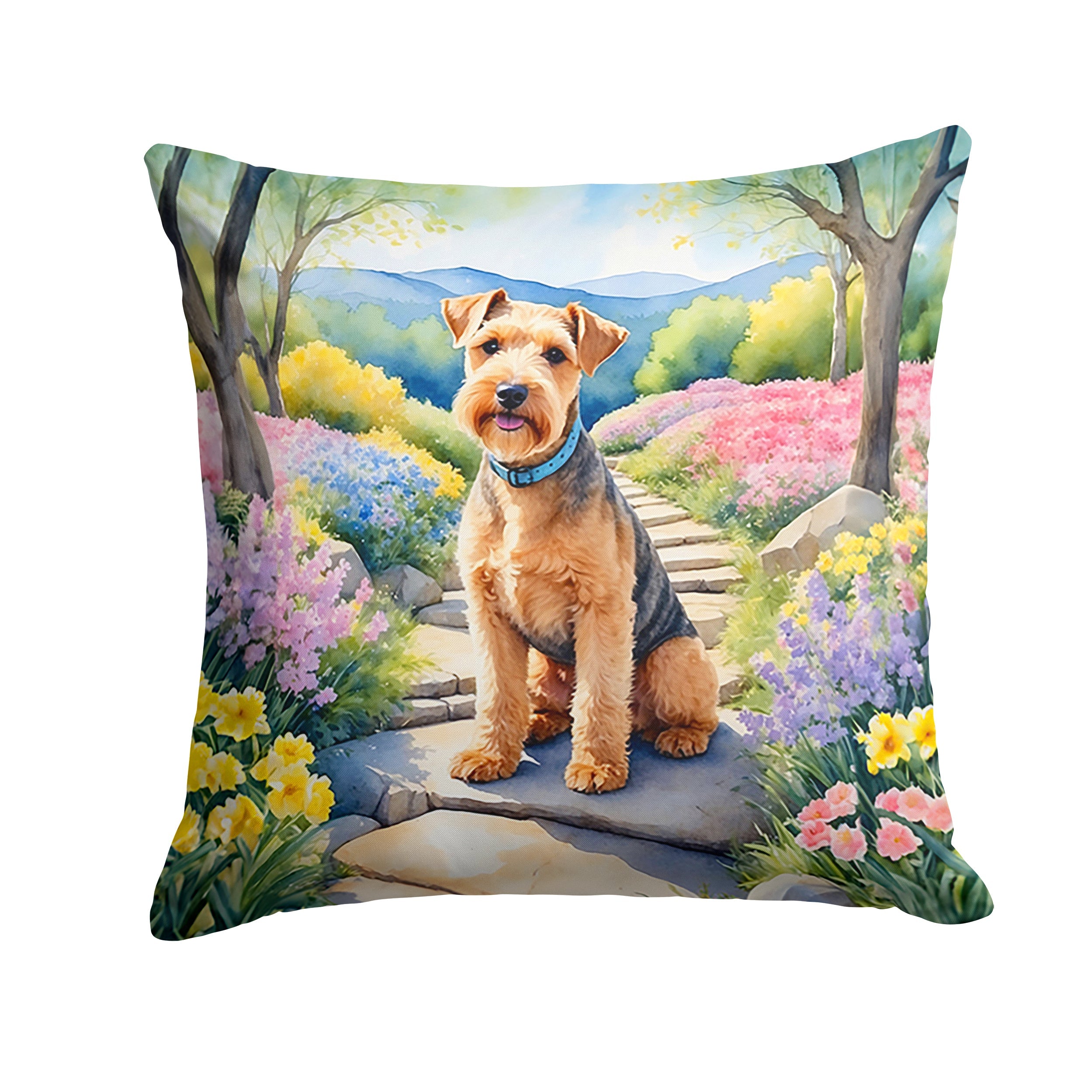 Lakeland Terrier Spring Path Decorative Throw Pillow 18x18 Indoor Outdoor Accent Cushion, Fabric Cover with Insert for Sofa, Bed, Porch & Living Room