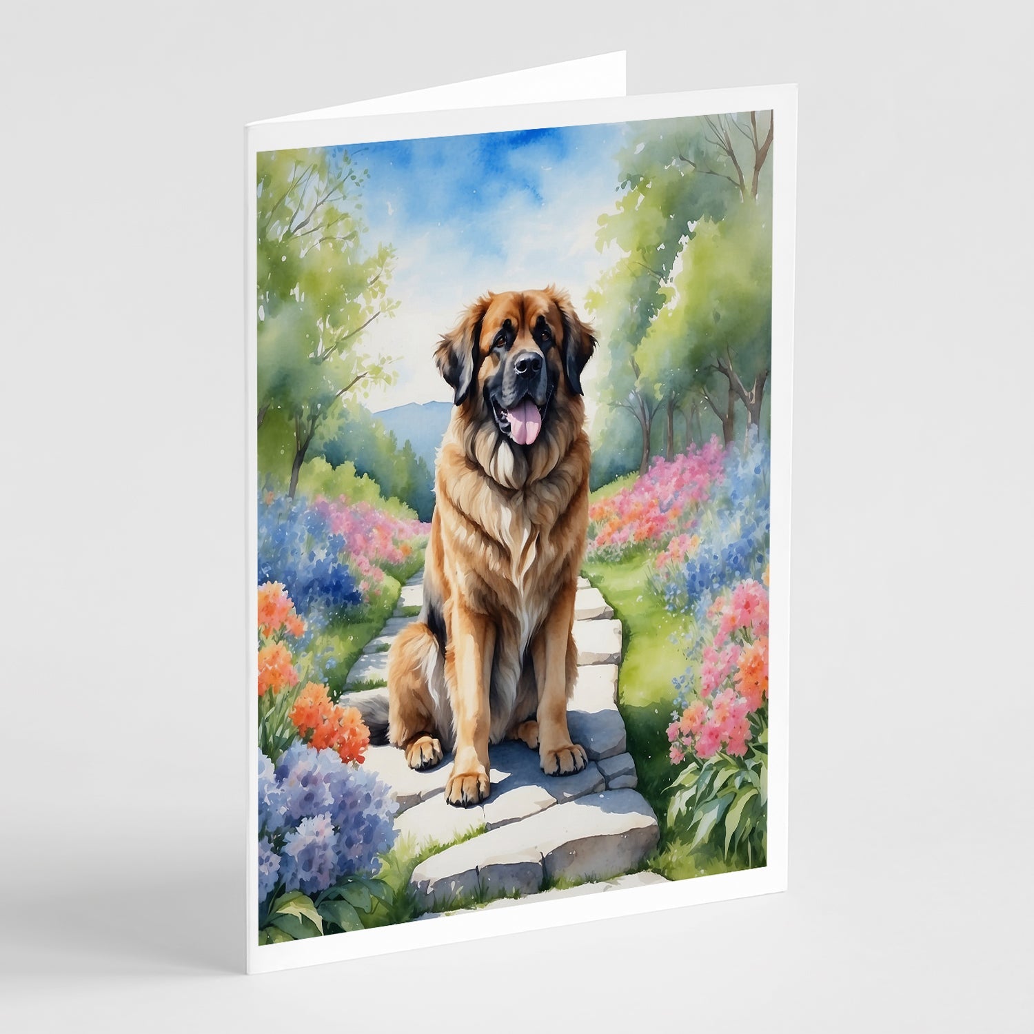 Leonberger Spring Path Greeting Cards Pack of 8 Blank Cards with Envelopes Whimsical A7 Size 5x7