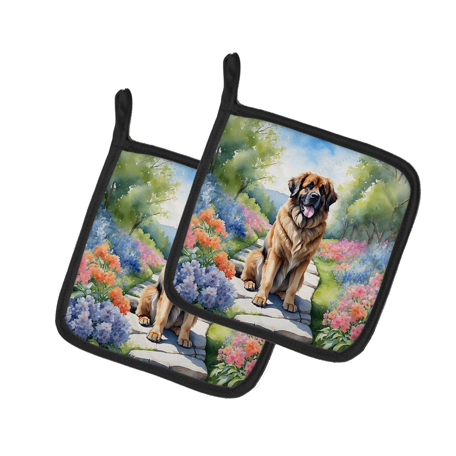 Leonberger Spring Path Pot Holder Set of 2 Heat Resistant Quilted Hot Pads 7.5 x 7.5 Inch, Insulated Kitchen Trivets for Cooking & Baking