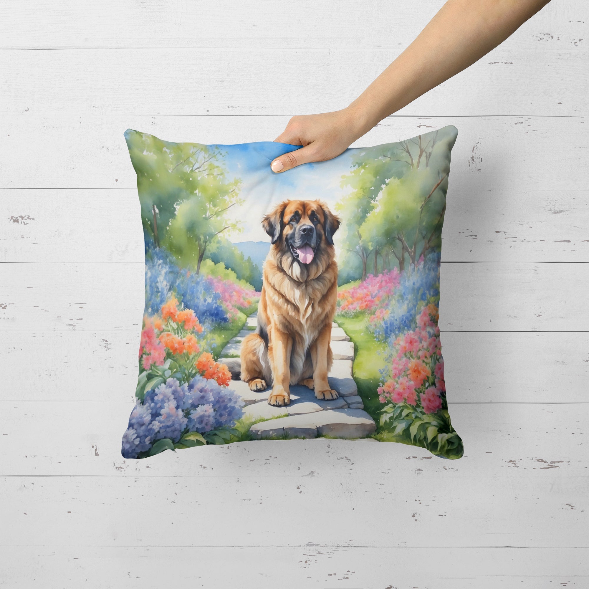 Leonberger Spring Path Decorative Throw Pillow 18x18 Indoor Outdoor Accent Cushion, Fabric Cover with Insert for Sofa, Bed, Porch & Living Room