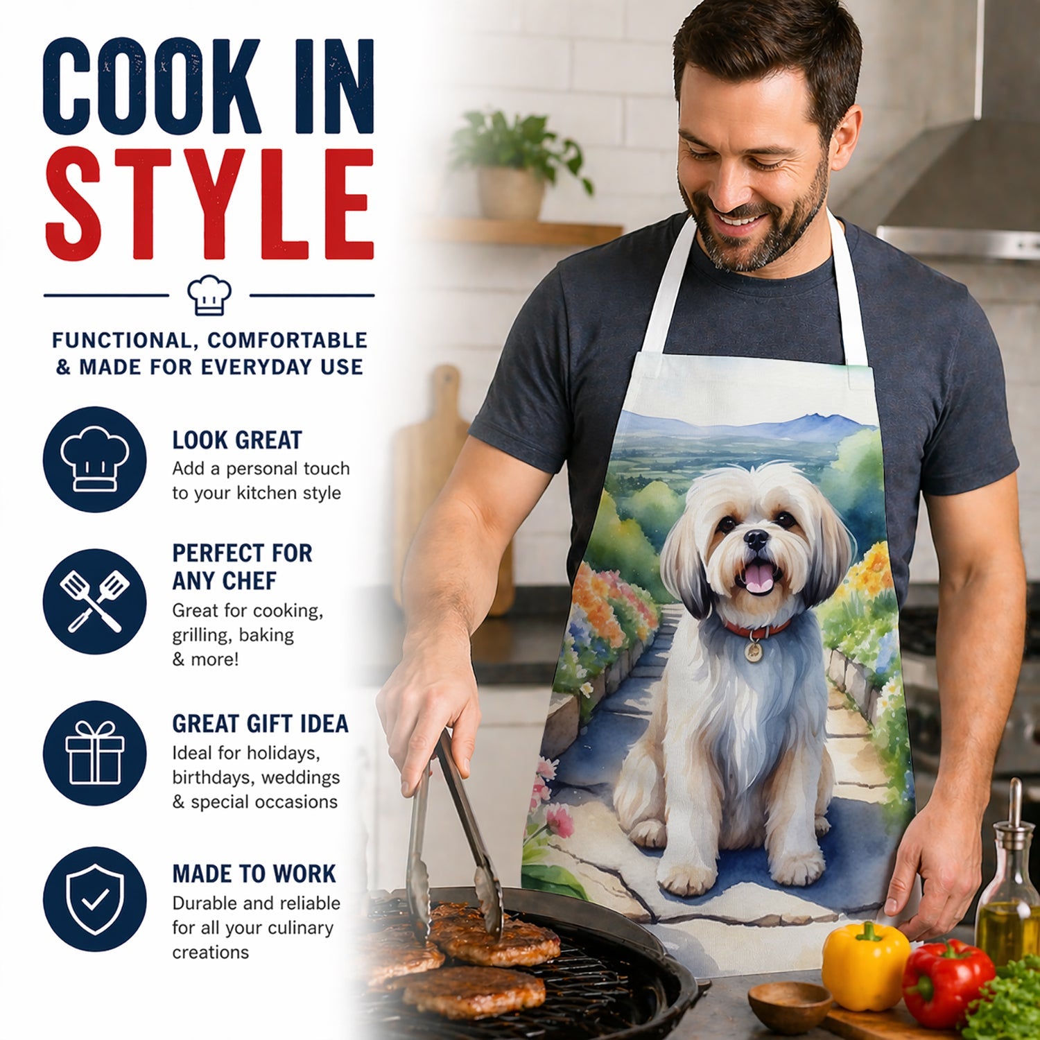 Lhasa Apso Spring Path Apron Cooking Kitchen Server Baking Crafts Gardening for Adult Women Men, Unisex, Large, Multicolor