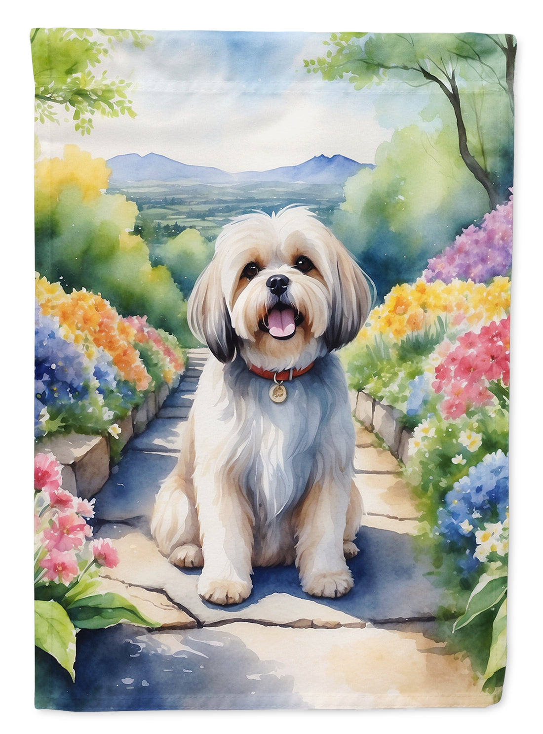 Lhasa Apso Spring Path House Flag 28x40 Porch Sleeve Pole Decorative Outside Yard Banner Artwork Wall Hanging, Polyester