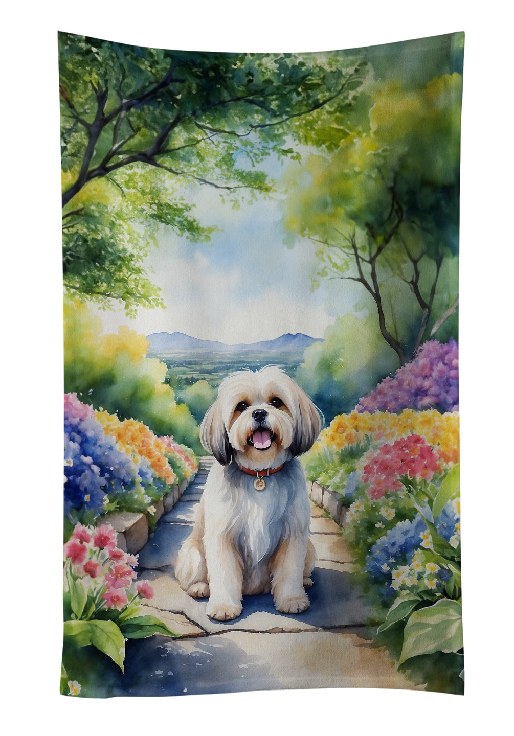 Lhasa Apso Spring Path Kitchen Towel Velour Plush Front and Cotton Loop Back Machine Washable