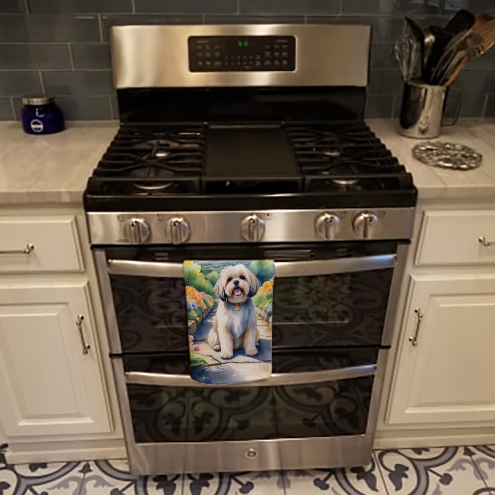 Lhasa Apso Spring Path Kitchen Towel Velour Plush Front and Cotton Loop Back Machine Washable