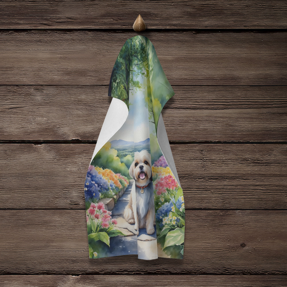 Lhasa Apso Spring Path Kitchen Towel Velour Plush Front and Cotton Loop Back Machine Washable