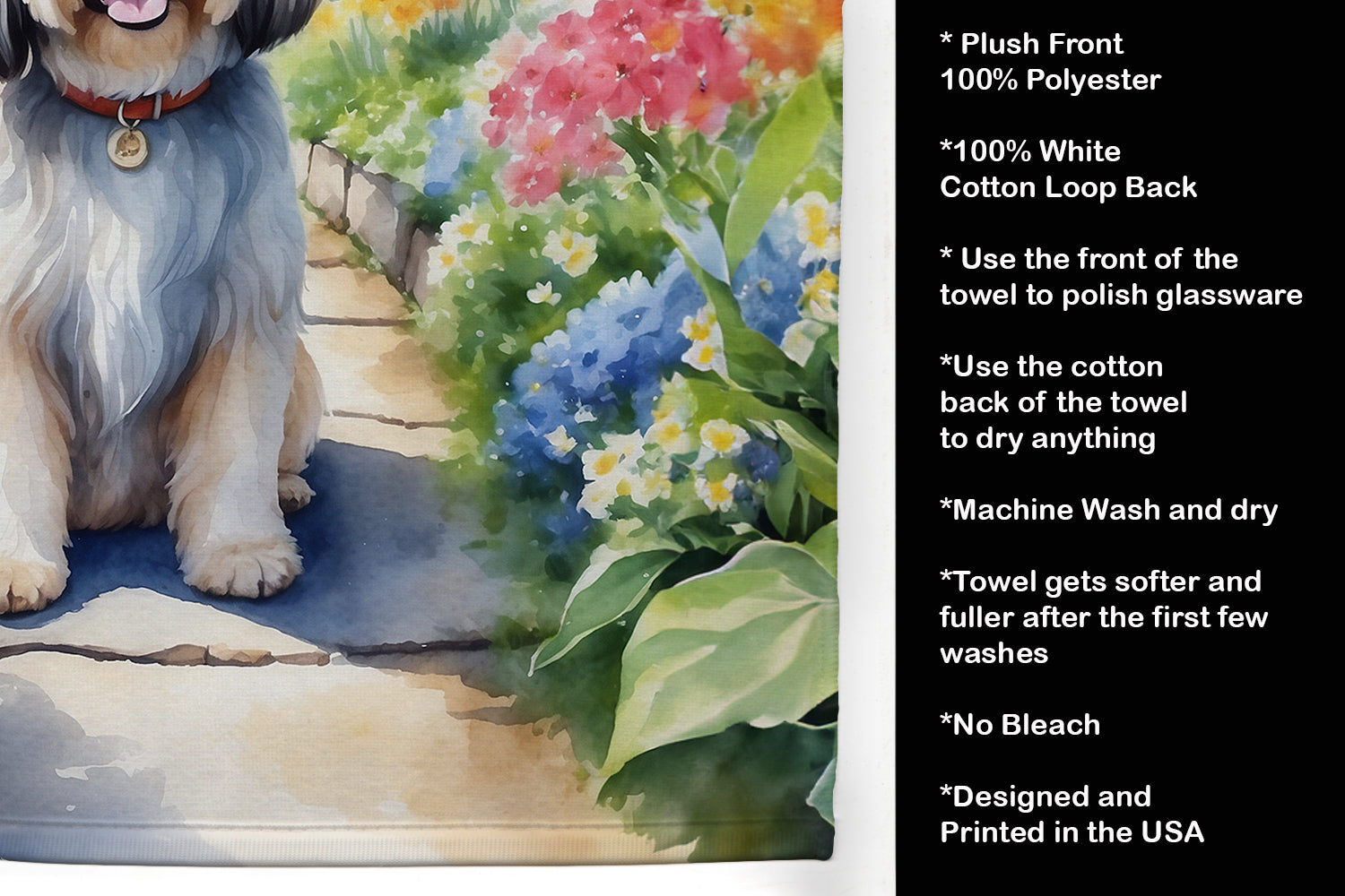 Lhasa Apso Spring Path Kitchen Towel Velour Plush Front and Cotton Loop Back Machine Washable