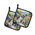 Lhasa Apso Spring Path Pot Holder Set of 2 Heat Resistant Quilted Hot Pads 7.5 x 7.5 Inch, Insulated Kitchen Trivets for Cooking & Baking