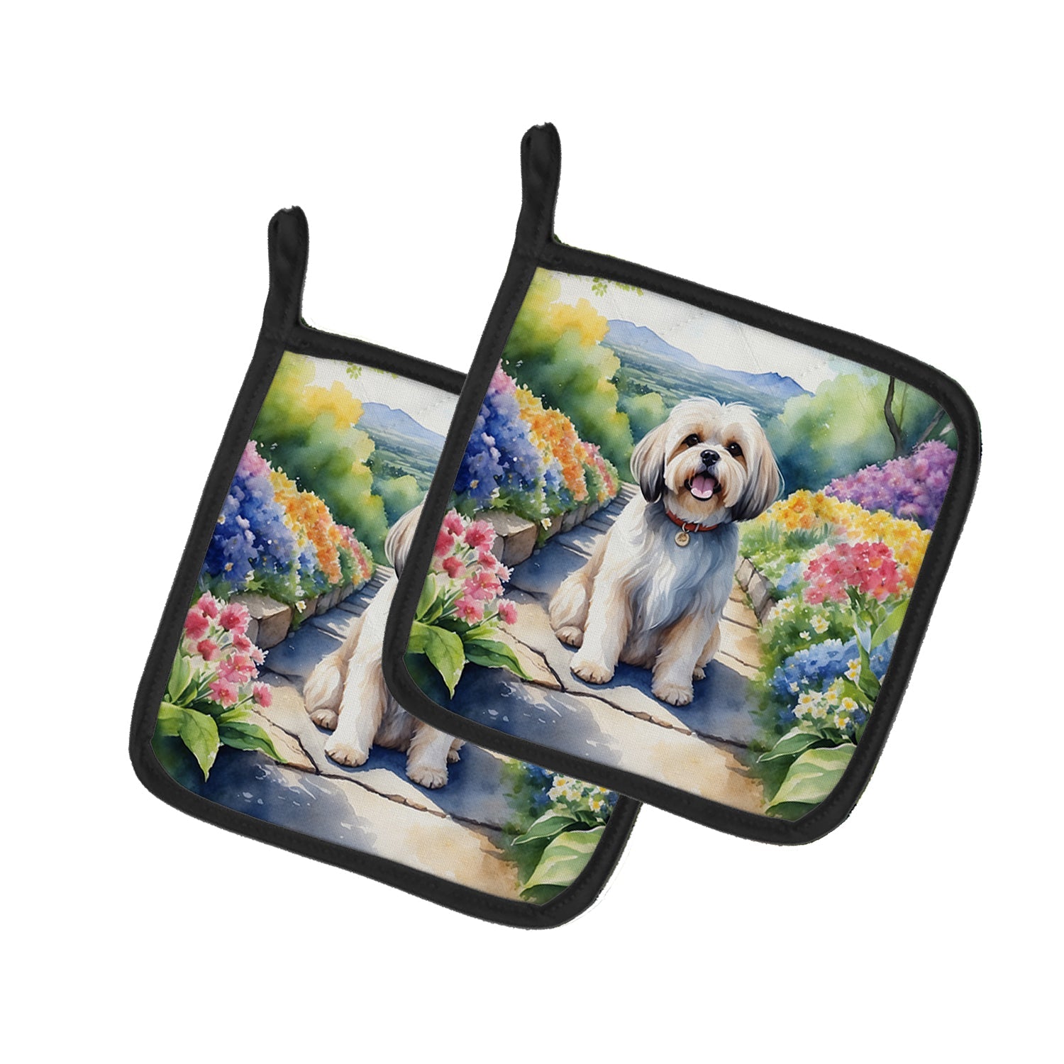 Lhasa Apso Spring Path Pot Holder Set of 2 Heat Resistant Quilted Hot Pads 7.5 x 7.5 Inch, Insulated Kitchen Trivets for Cooking & Baking