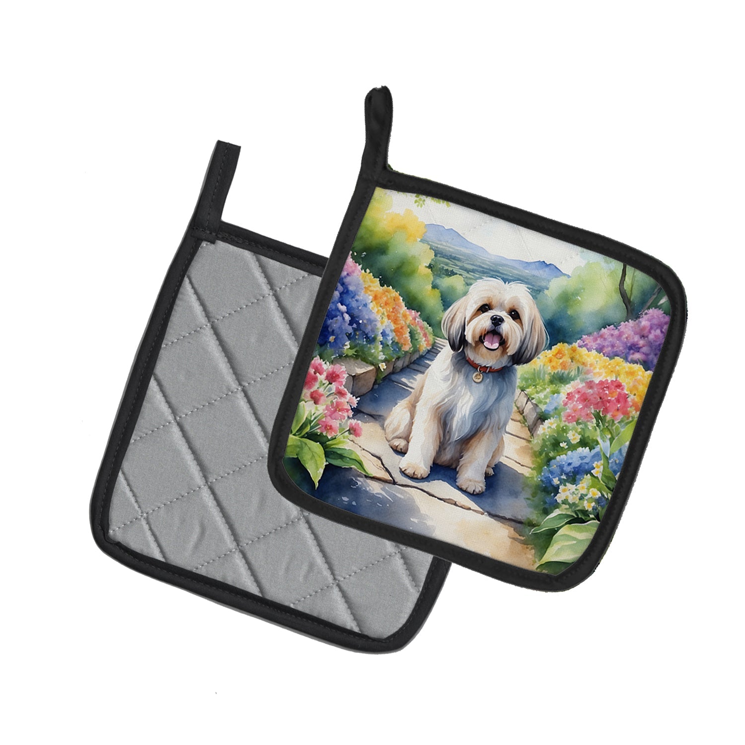 Lhasa Apso Spring Path Pot Holder Set of 2 Heat Resistant Quilted Hot Pads 7.5 x 7.5 Inch, Insulated Kitchen Trivets for Cooking & Baking