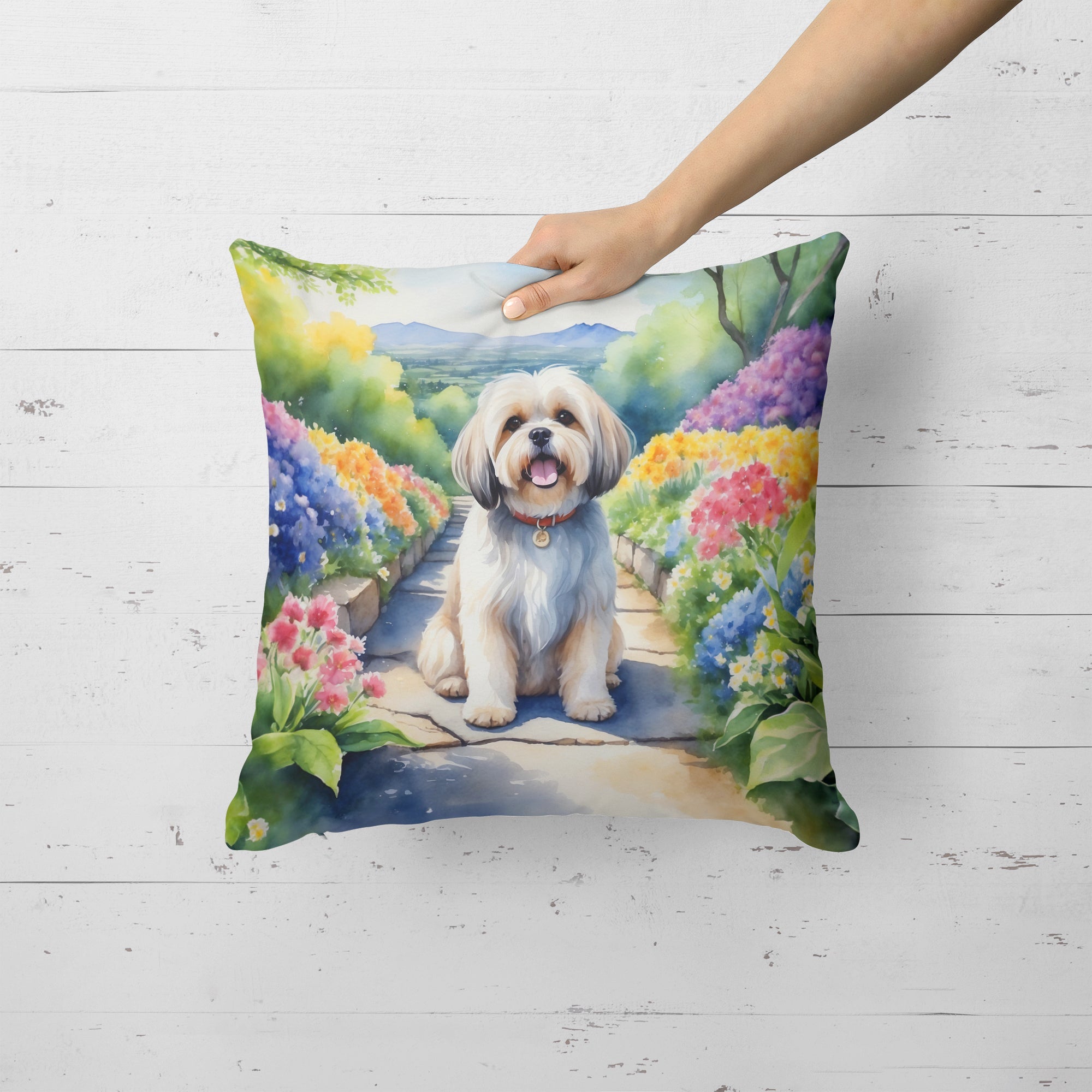 Lhasa Apso Spring Path Decorative Throw Pillow 18x18 Indoor Outdoor Accent Cushion, Fabric Cover with Insert for Sofa, Bed, Porch & Living Room