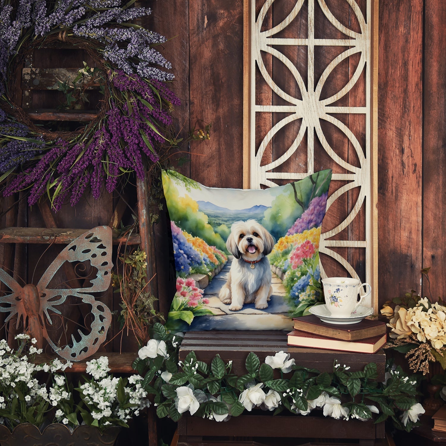 Lhasa Apso Spring Path Decorative Throw Pillow 18x18 Indoor Outdoor Accent Cushion, Fabric Cover with Insert for Sofa, Bed, Porch & Living Room