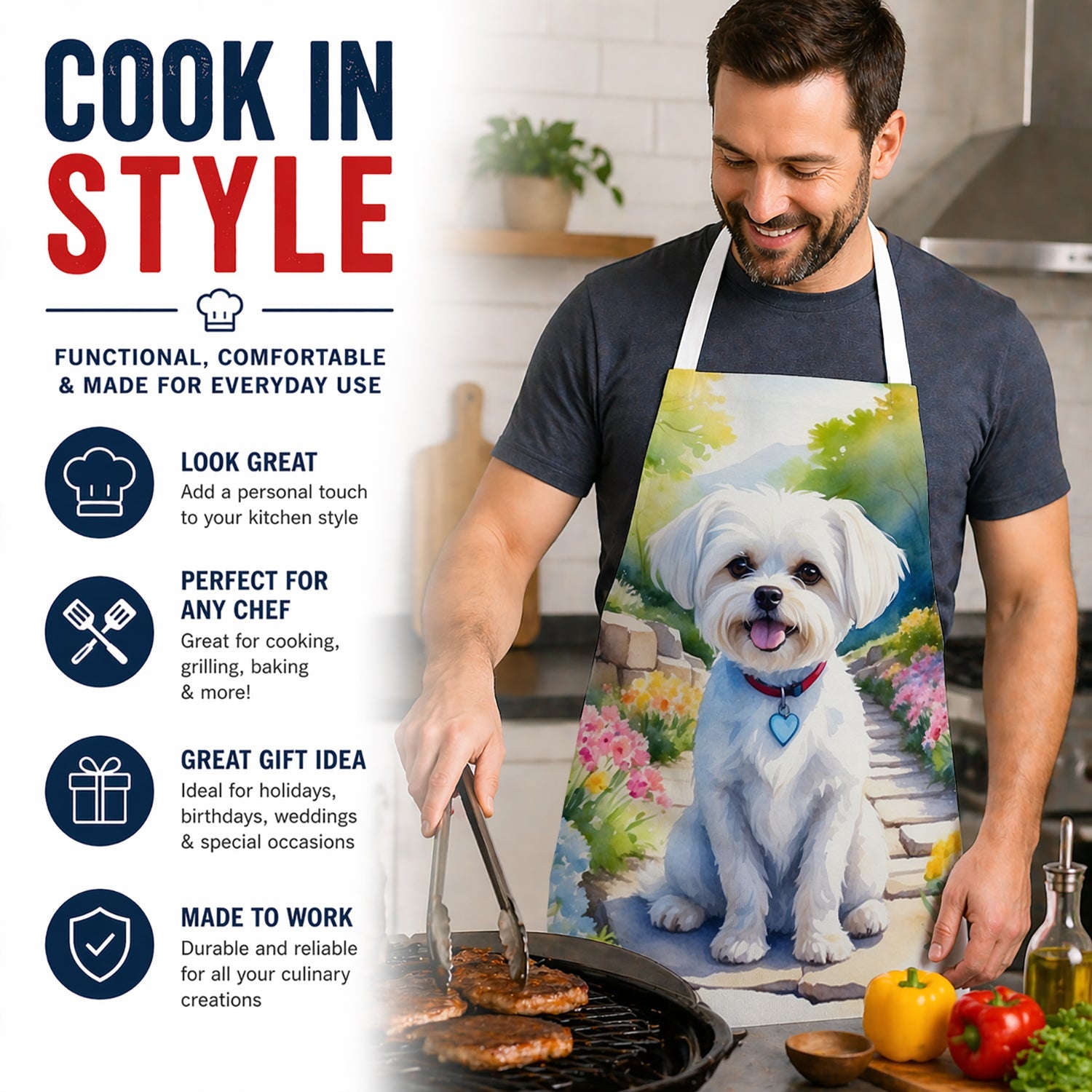 Maltese Spring Path Apron Cooking Kitchen Server Baking Crafts Gardening for Adult Women Men, Unisex, Large, Multicolor