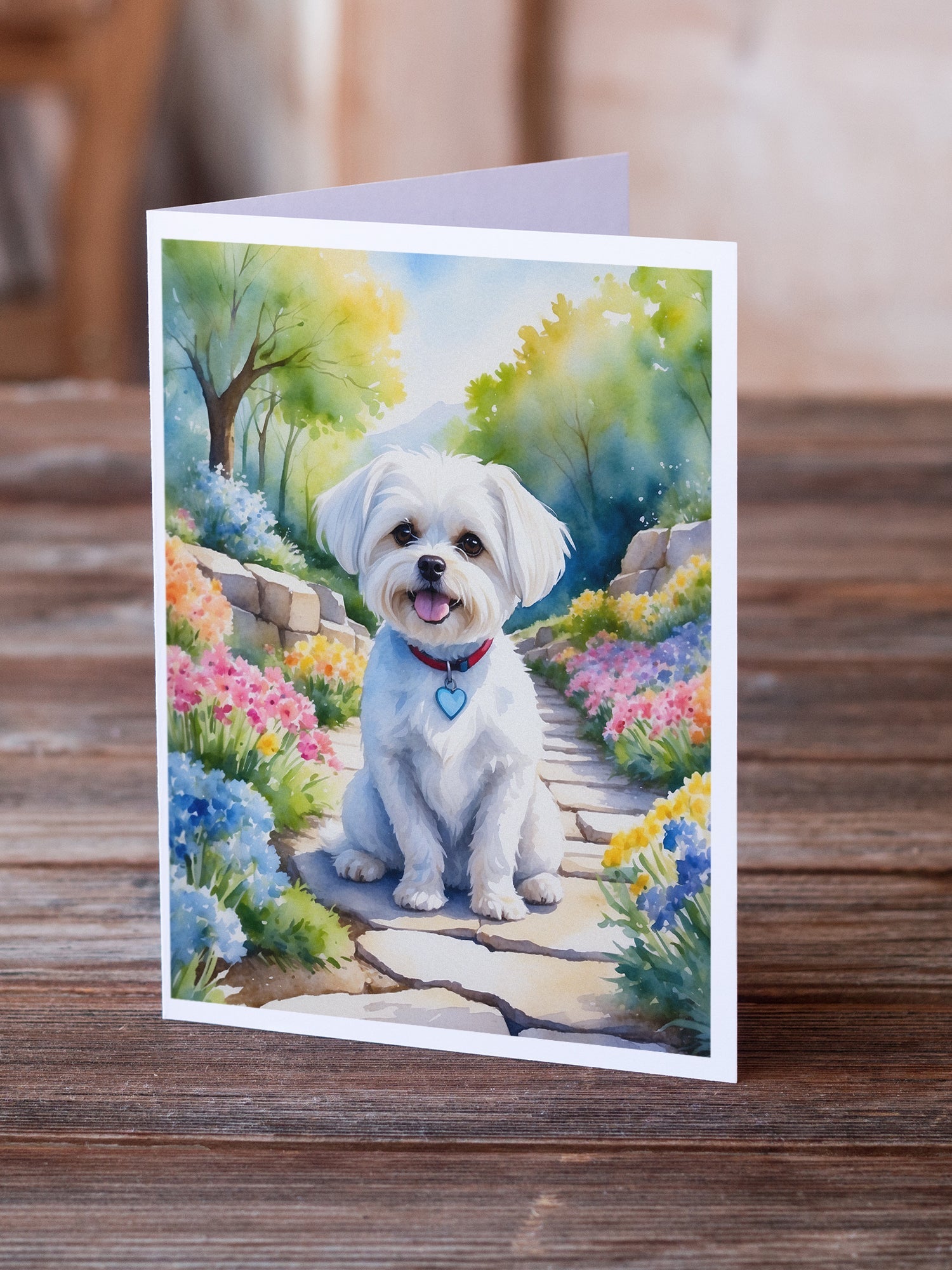 Maltese Spring Path Greeting Cards Pack of 8 Blank Cards with Envelopes Whimsical A7 Size 5x7