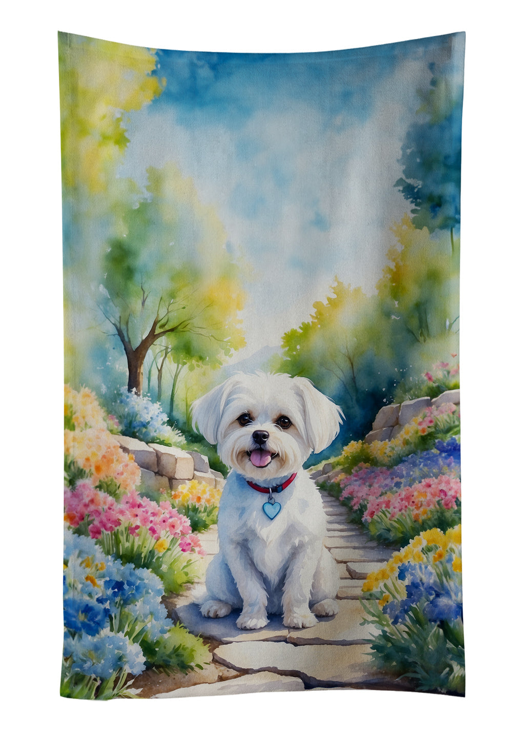 Maltese Spring Path Kitchen Towel Velour Plush Front and Cotton Loop Back Machine Washable