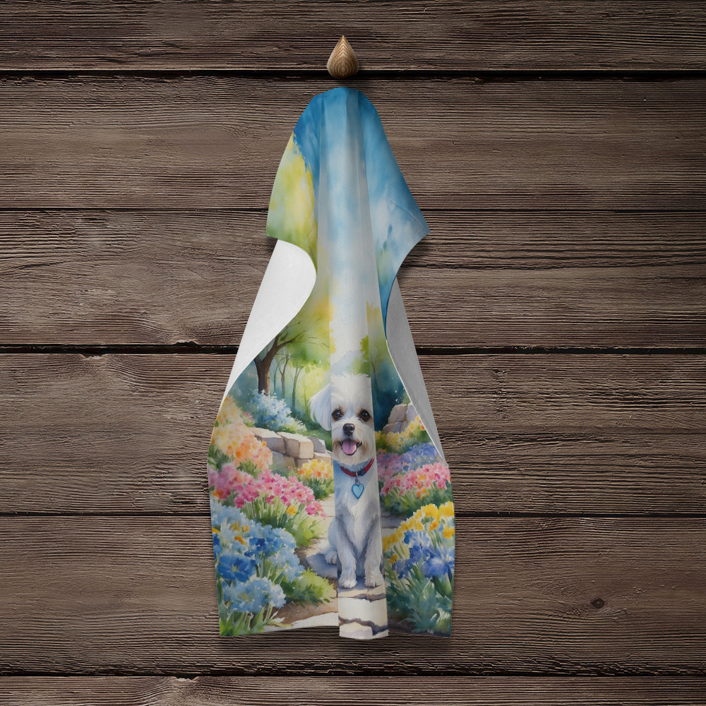 Maltese Spring Path Kitchen Towel Velour Plush Front and Cotton Loop Back Machine Washable