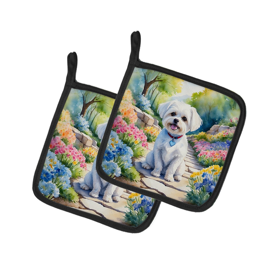 Maltese Spring Path Pot Holder Set of 2 Heat Resistant Quilted Hot Pads 7.5 x 7.5 Inch, Insulated Kitchen Trivets for Cooking & Baking