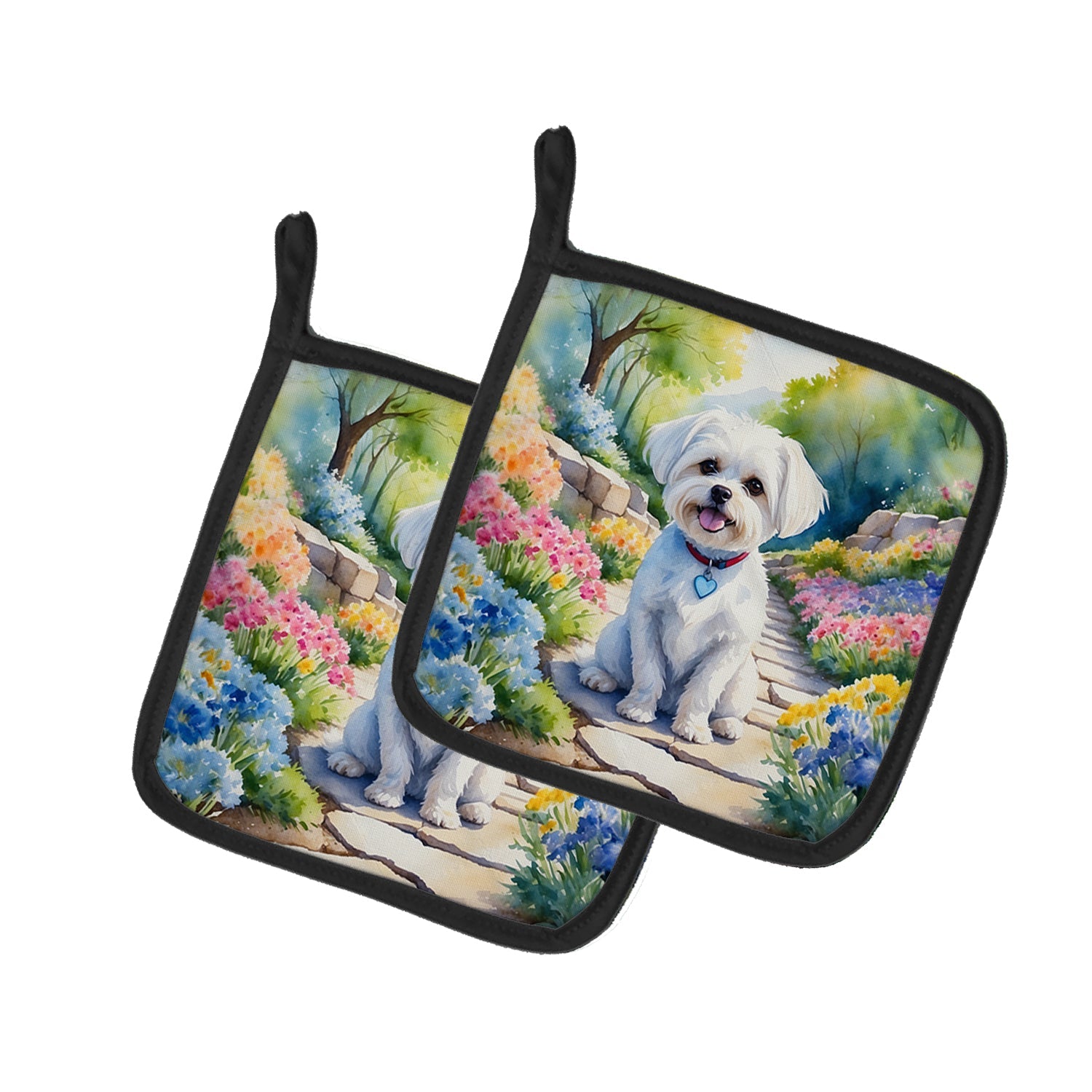 Maltese Spring Path Pot Holder Set of 2 Heat Resistant Quilted Hot Pads 7.5 x 7.5 Inch, Insulated Kitchen Trivets for Cooking & Baking