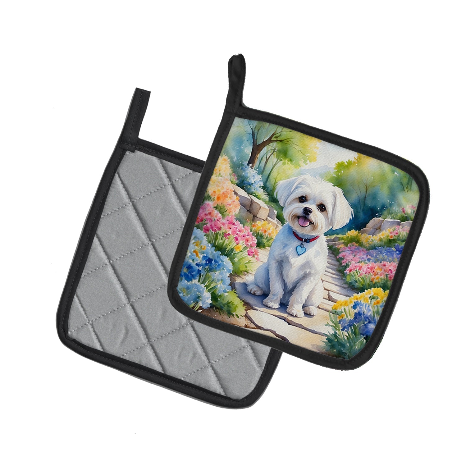 Maltese Spring Path Pot Holder Set of 2 Heat Resistant Quilted Hot Pads 7.5 x 7.5 Inch, Insulated Kitchen Trivets for Cooking & Baking