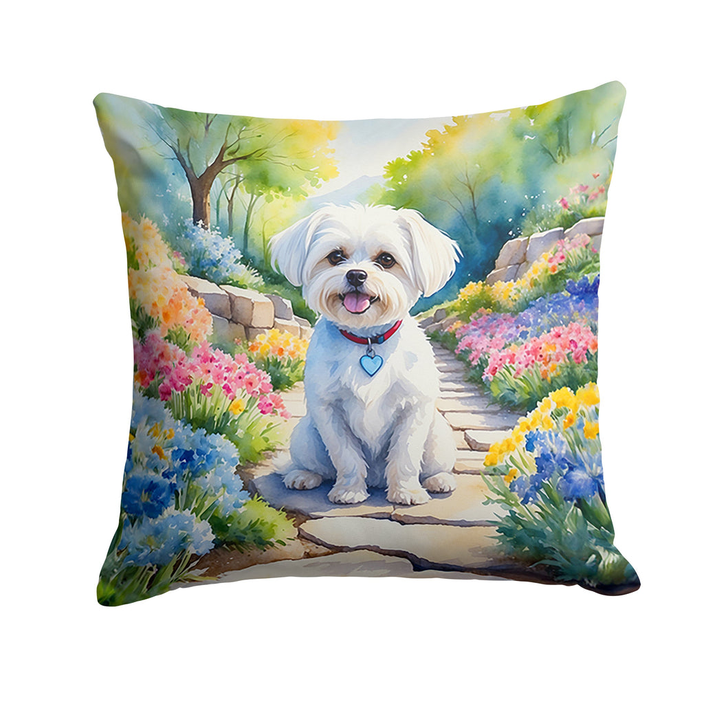 Maltese Spring Path Decorative Throw Pillow 14x14 Indoor Outdoor Accent Cushion, Fabric Cover with Insert for Sofa, Bed, Porch & Living Room