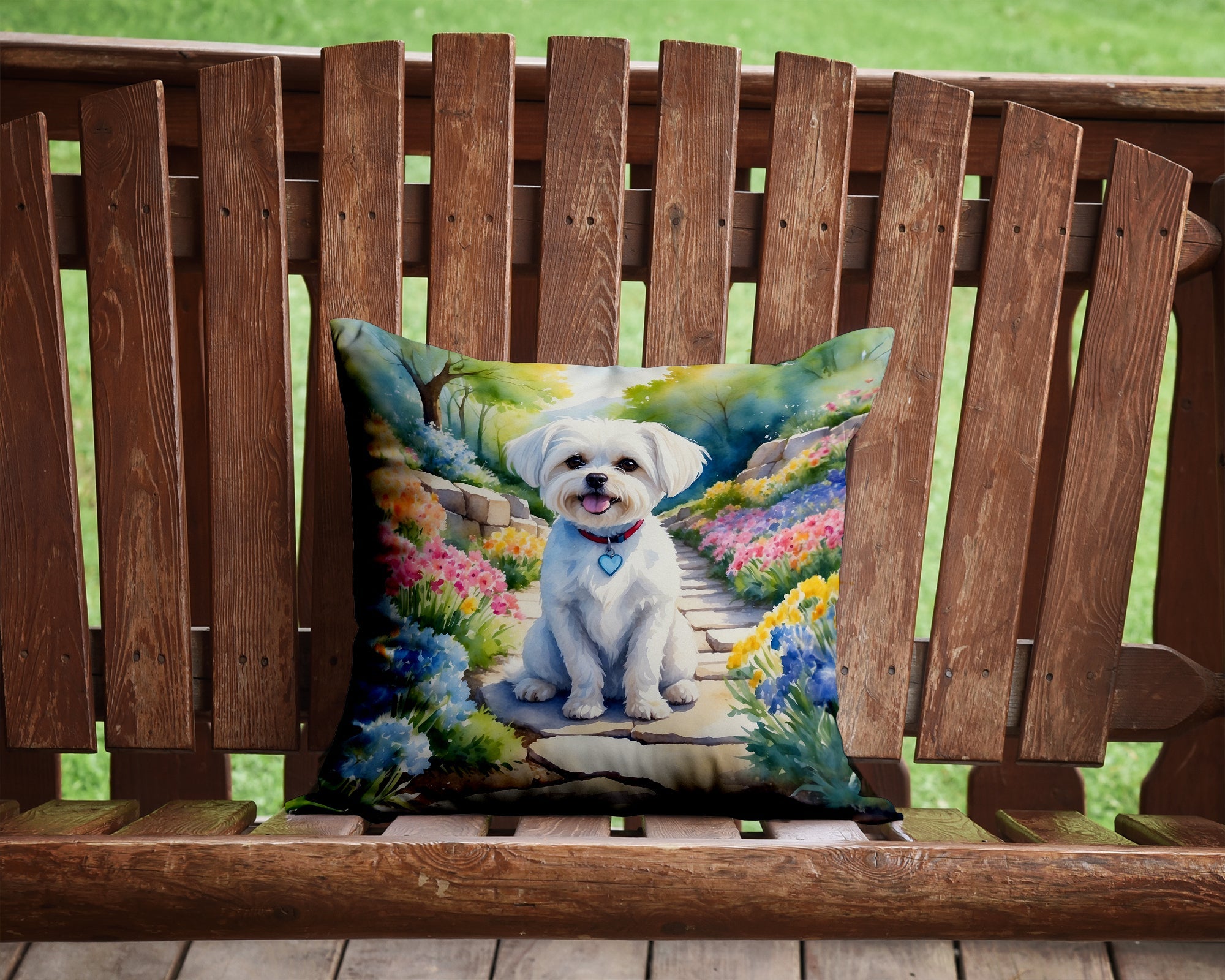 Maltese Spring Path Decorative Throw Pillow 14x14 Indoor Outdoor Accent Cushion, Fabric Cover with Insert for Sofa, Bed, Porch & Living Room