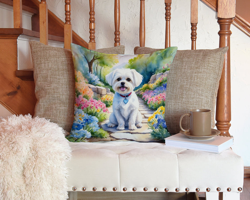 Maltese Spring Path Decorative Throw Pillow 14x14 Indoor Outdoor Accent Cushion, Fabric Cover with Insert for Sofa, Bed, Porch & Living Room